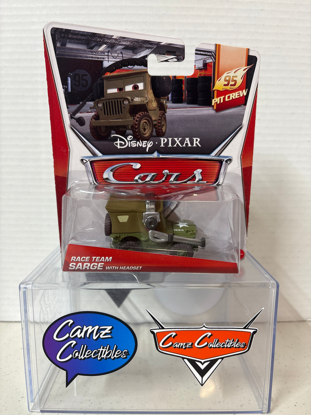 Disney Pixar Cars Race Team Sarge with Headset 95 Pit Crew series *small crack on the bottom of plastic*