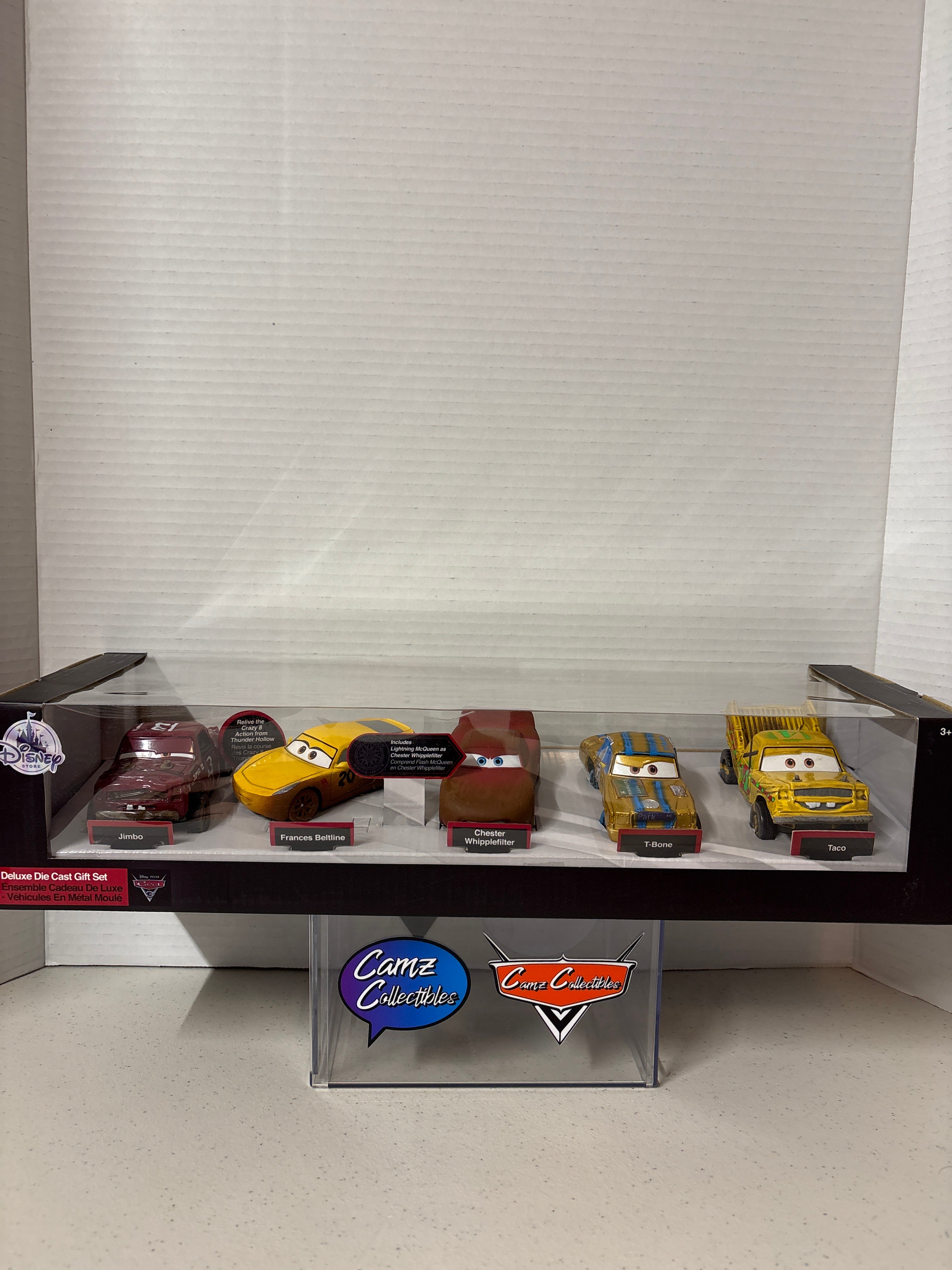 Disney Pixar Cars Disney Store Exclusive Thunder Hollow 5 Pack Relive the Crazy 8 Action Jimbo, Frances Beltlin, Chester Whipplefilter, T-Bone, Taco