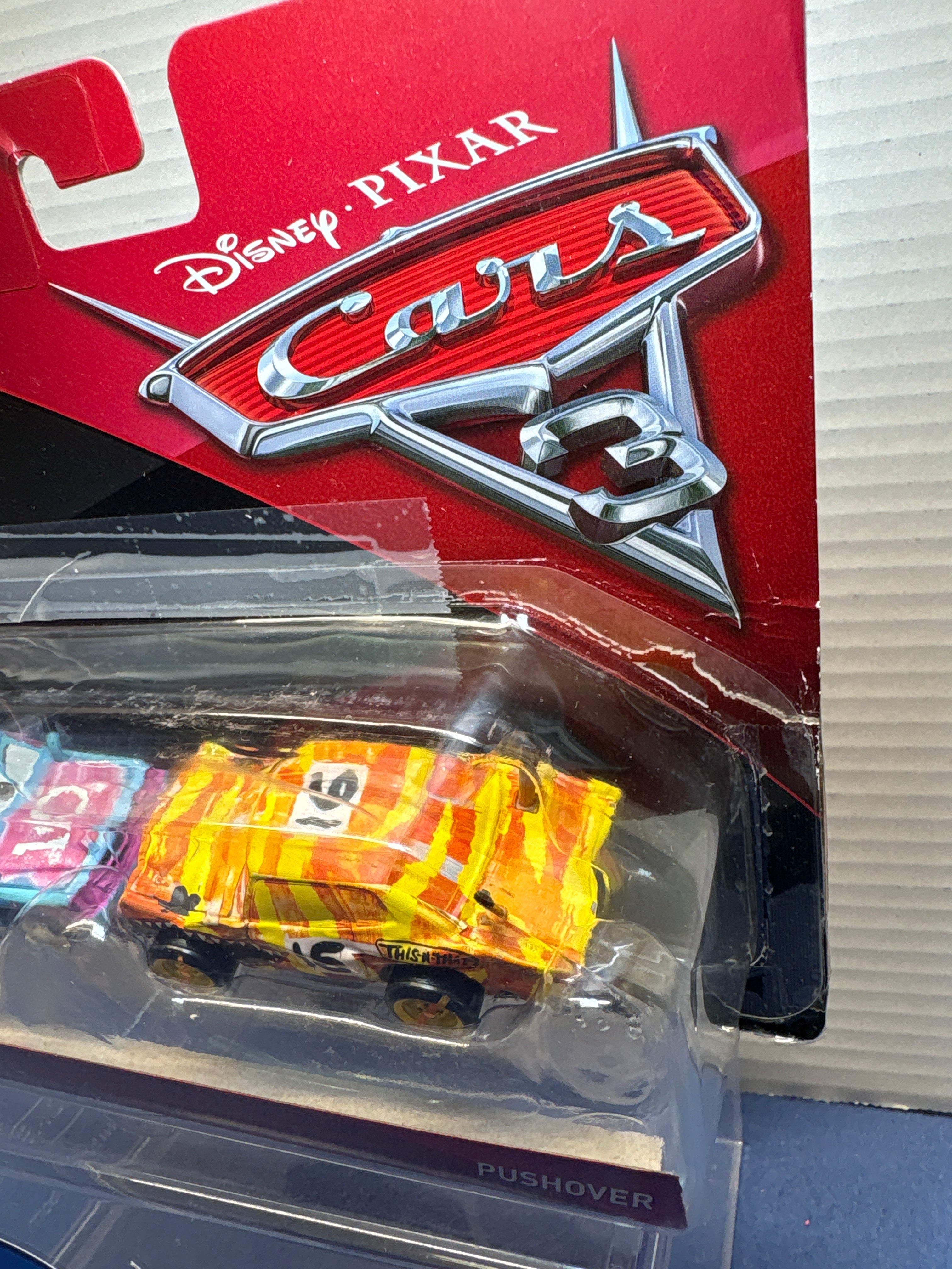 Disney Pixar Cars 3 Blind Spot and Pushover Thunder Hollow two pack- taped blister and blister coming off card