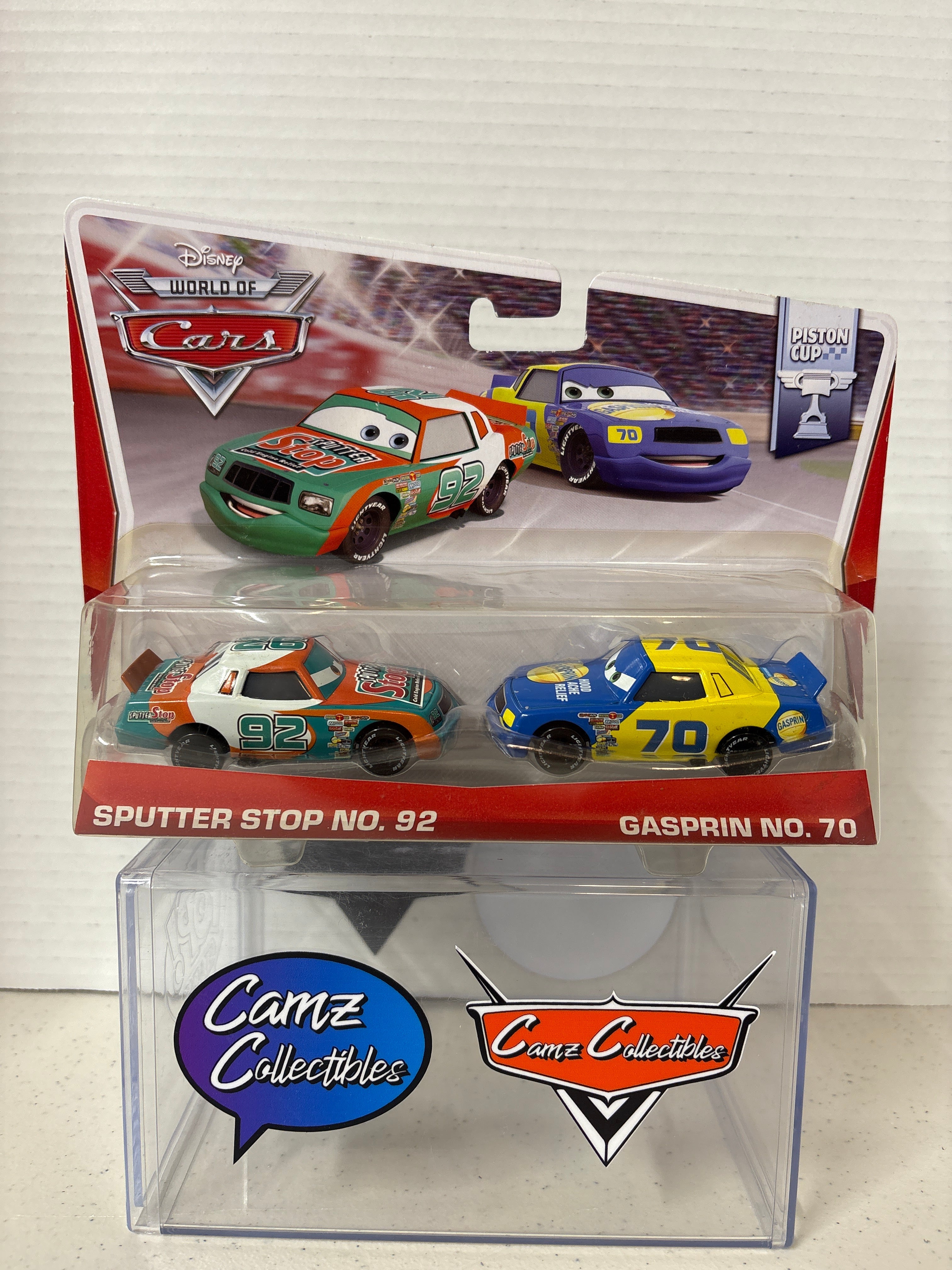 Disney Pixar Cars 2-pack Piston Cup Sputter Stop No 92 & Gaspirin No 70