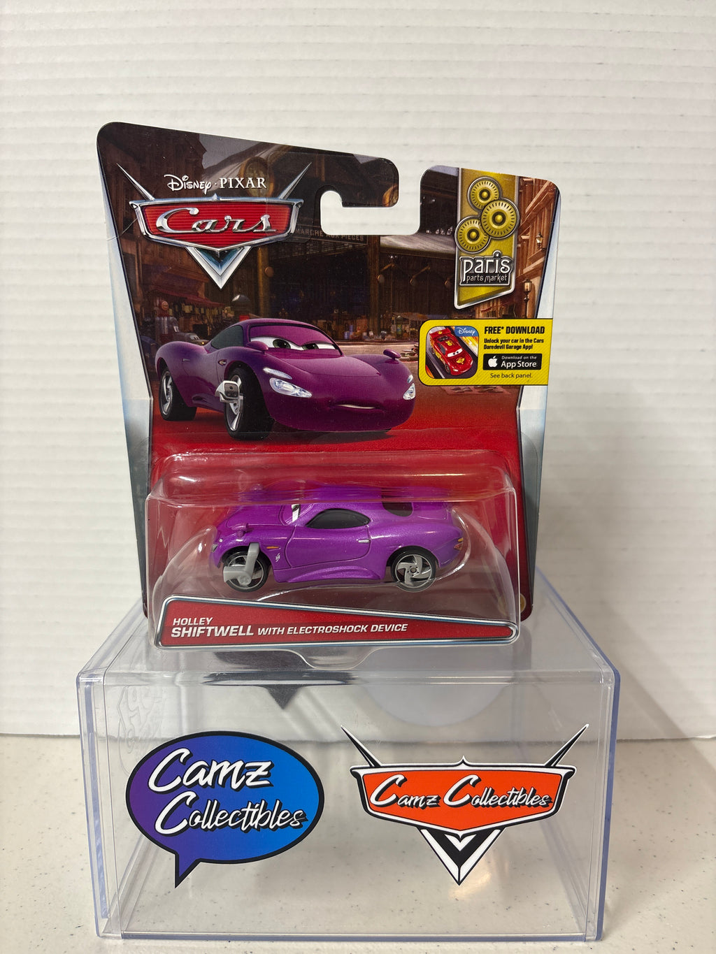 Disney Pixar Cars Holley Shiftwell with Electroshock Device on Paris Parts Market Card