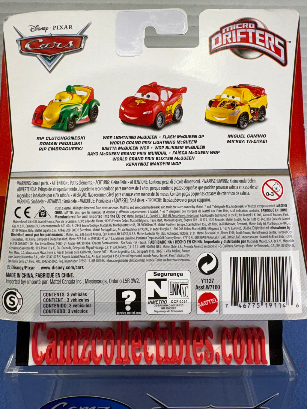 Disney Pixar Cars Micro Drifters 3 Pack Rip Clutchgoneski, WGP Lightning McQueen, Miguel Camino