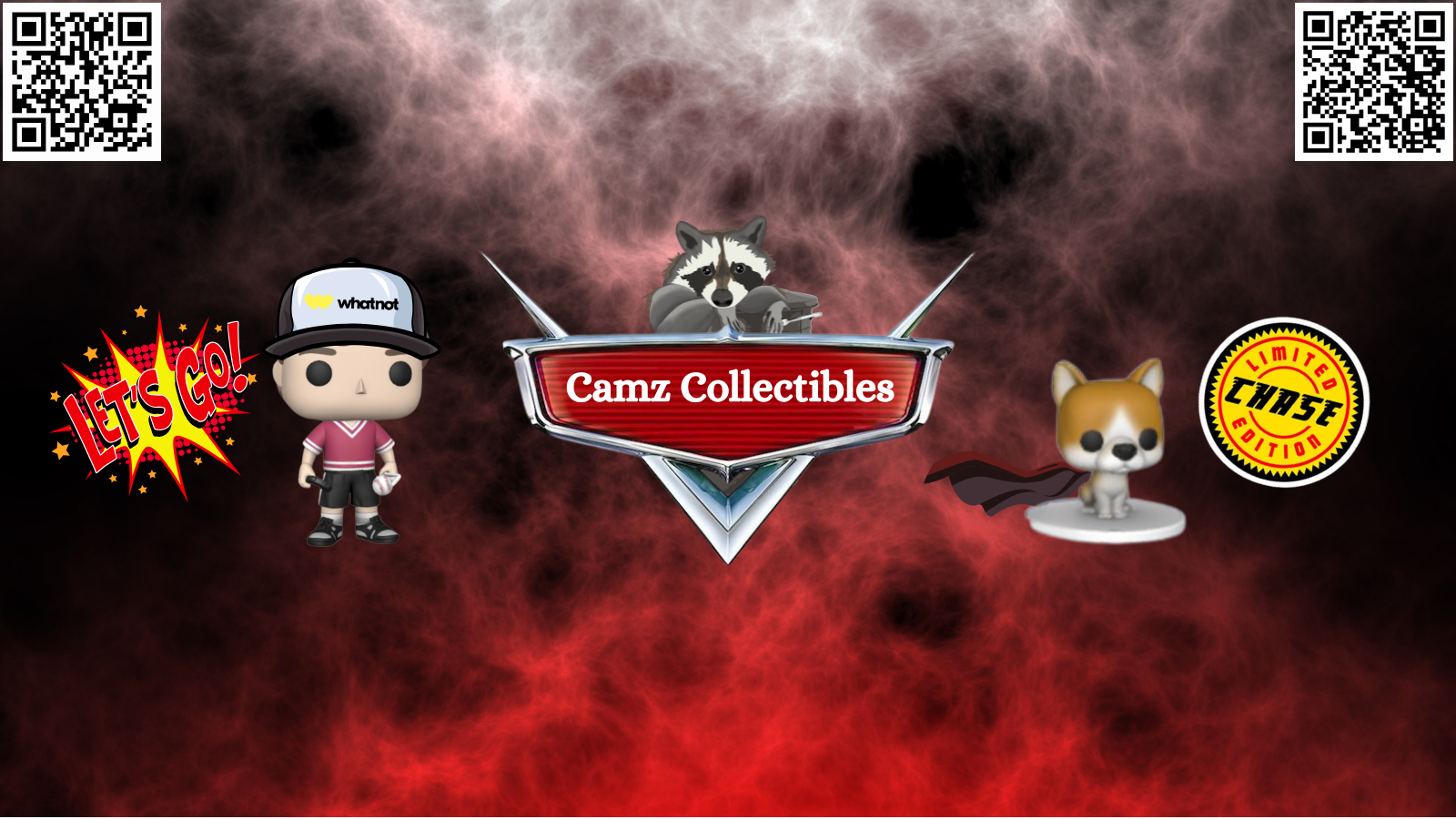 Camz Collectibles logo with cartoon characters and logos on a dark background