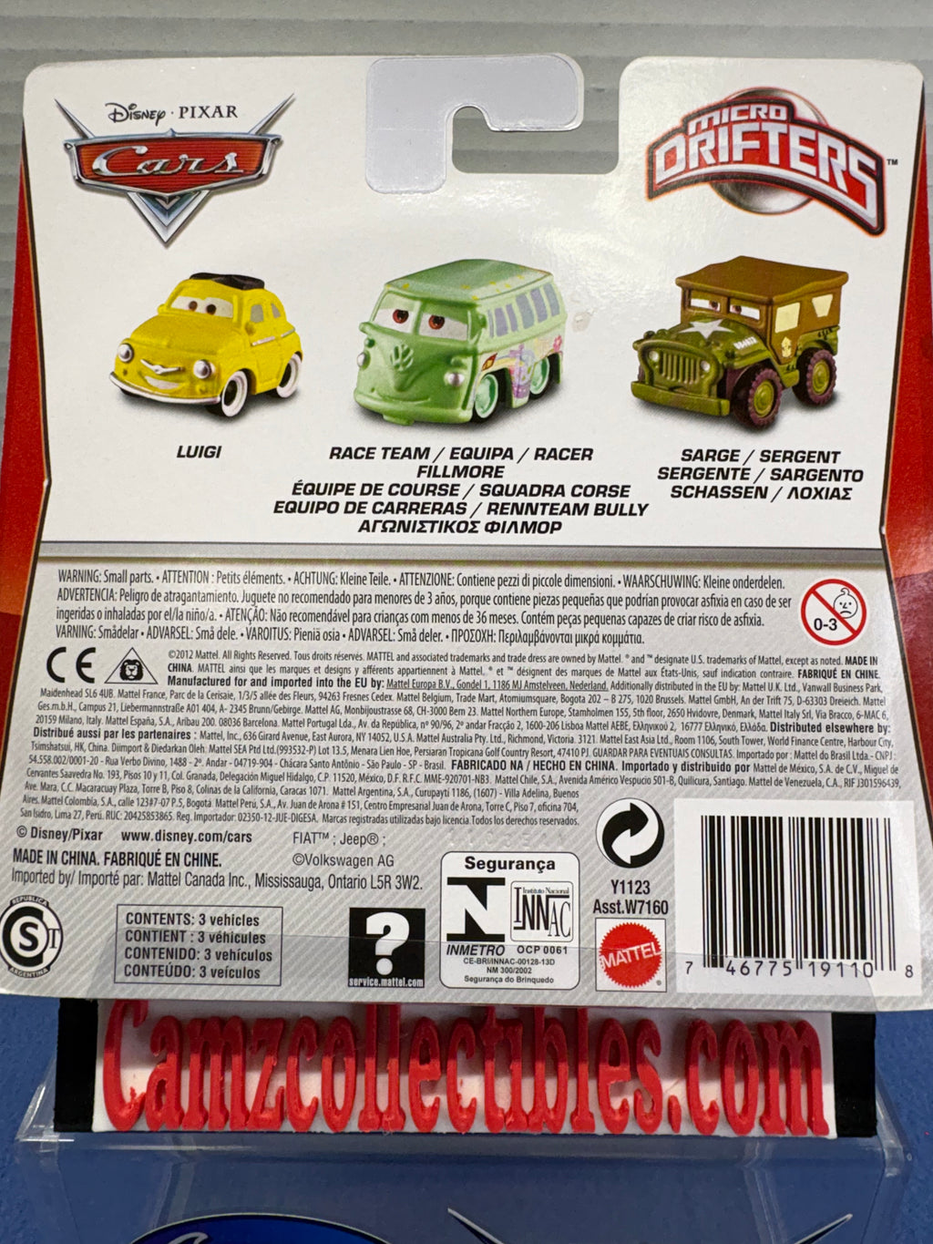 Disney Pixar Cars Micro Drifters 3 Pack Luigi,  Race Team Fillmore, Sarge