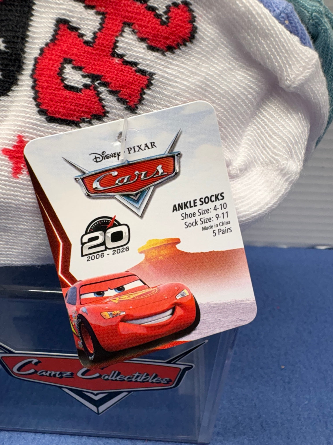 Cars ankle socks label showing 5 pairs, shoe size 4–10 and sock size 9–11