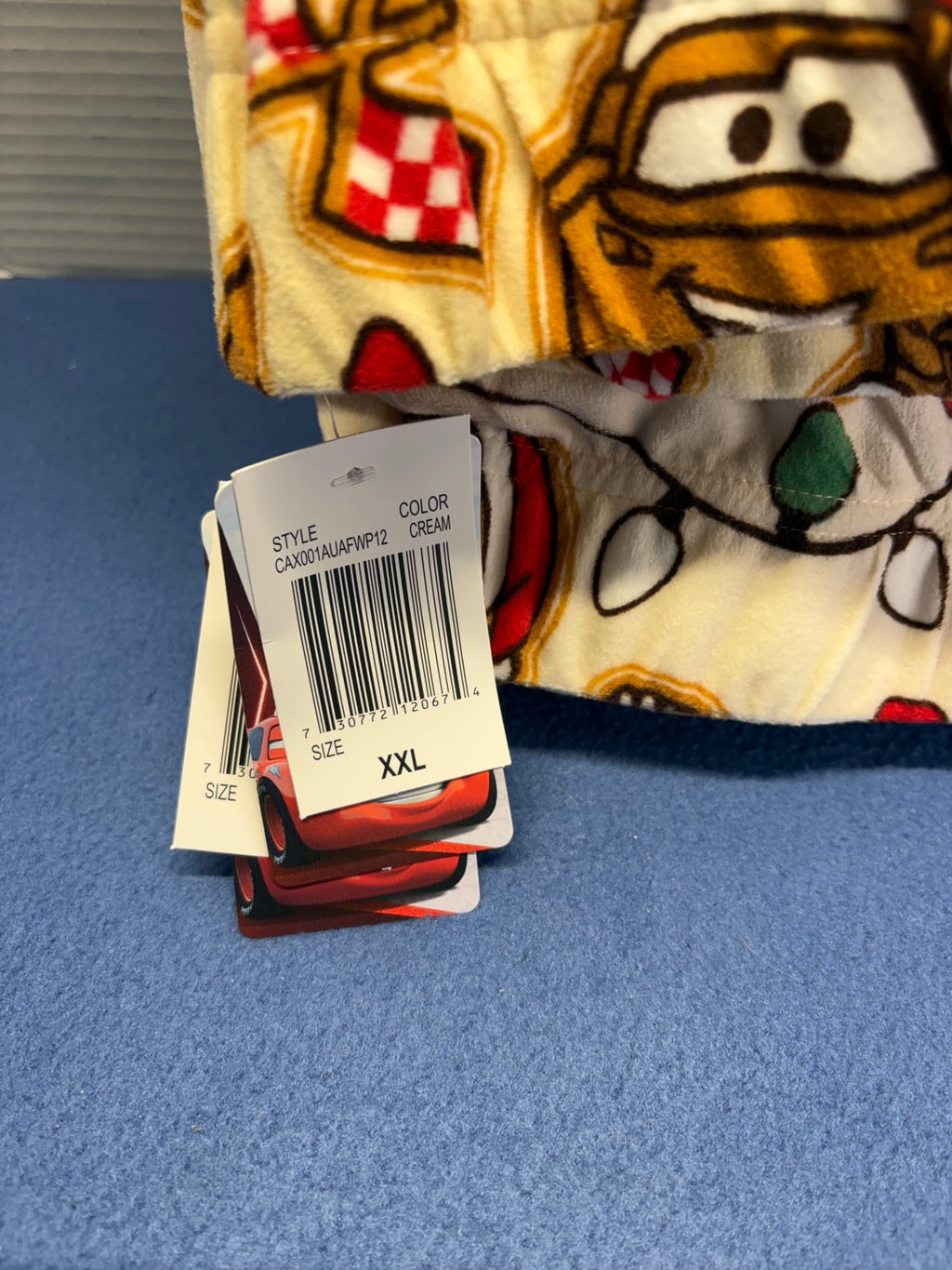XXL size label on Disney Pixar Cars cream holiday pajama pants