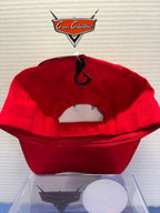 Rear view of red Lightning McQueen kids hat with adjustable strap