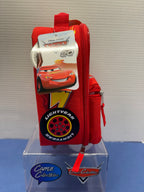 Side of Lightning McQueen lunch box showing zipper and 20th anniversary hangtag