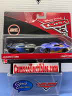 Disney Pixar Cars 3 Jackson Storm number 20 and Danny Swervez number 19 two-pack with damaged creased card