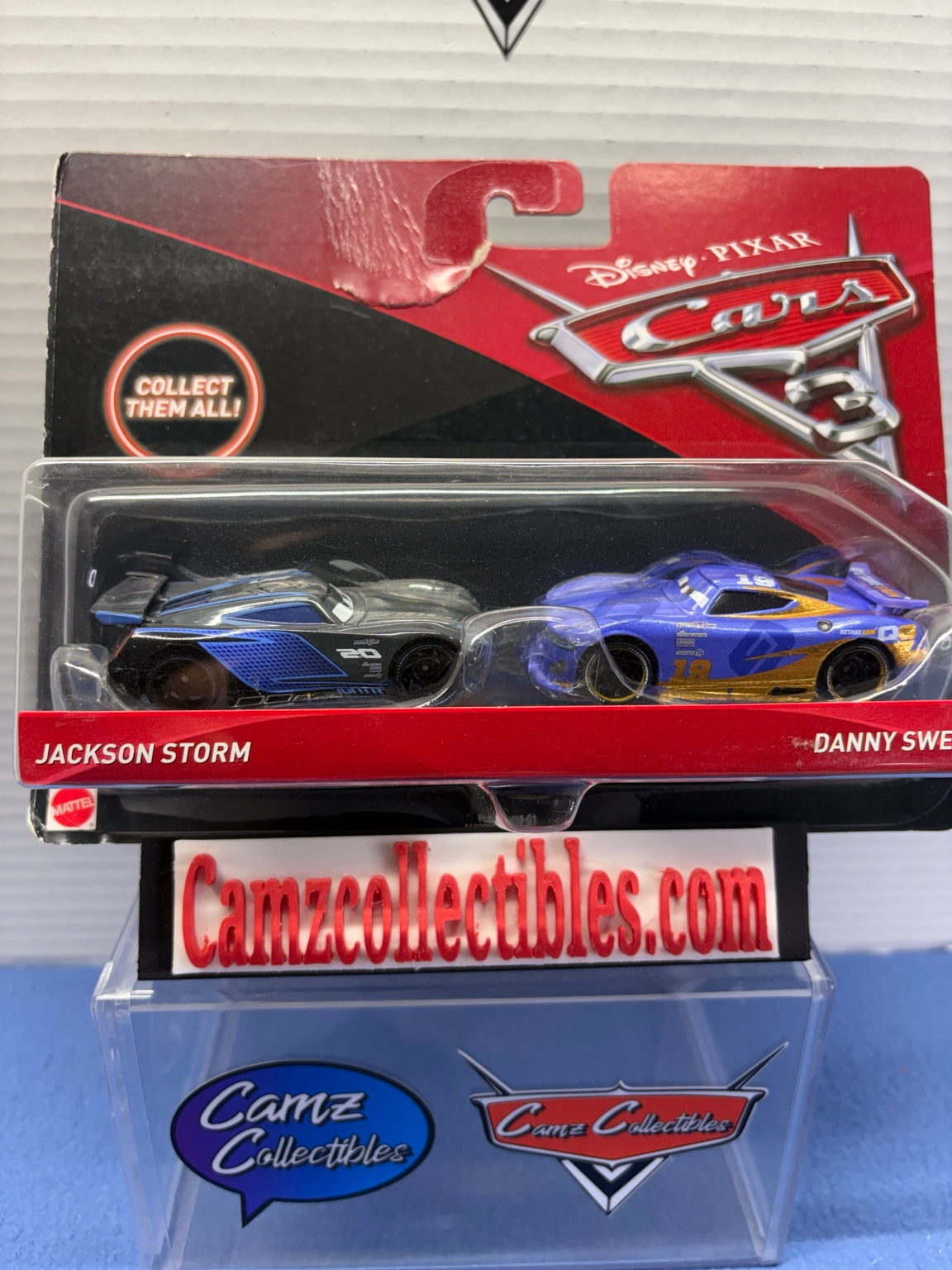 Disney Pixar Cars 3 Jackson Storm number 20 and Danny Swervez number 19 two-pack with damaged creased card