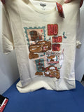 Cream Disney Pixar Cars Christmas PJ shirt featuring Lightning McQueen and Mater with Ho Ho Ho holiday graphics
