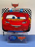 Disney Pixar Cars Lightning McQueen lunch box with checkered racing background and white trim