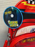 Backpack hangtag reading Tap Me Flashing Lights
