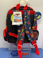 Rear of Lightning McQueen backpack with adjustable printed shoulder straps, carry handle and zippered side pockets