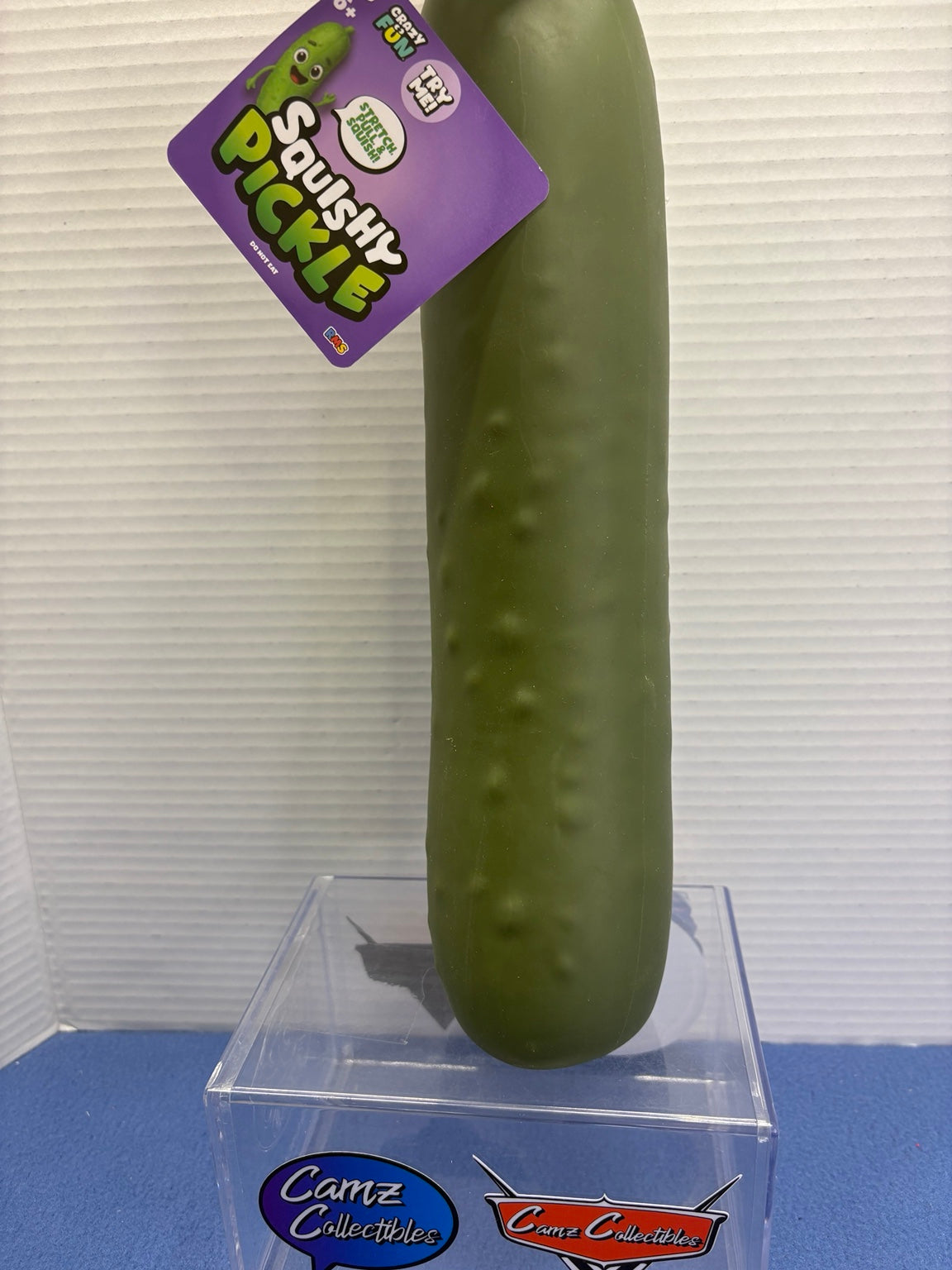 Crazy Fun Squishy Pickle label showing stretch, pull and squish, ages 6+ and do not eat