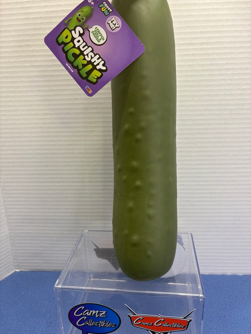 Crazy Fun Squishy Pickle label showing stretch, pull and squish, ages 6+ and do not eat