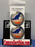 Pair of Dinoco Disney Pixar Cars-inspired neoprene car coasters with blue dinosaur, orange Dinoco lettering and gray background