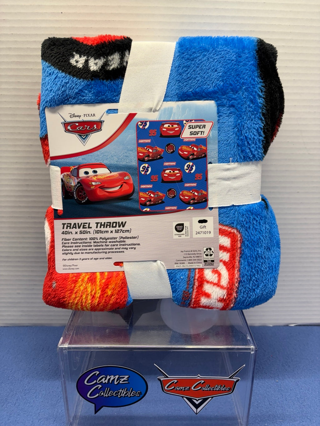 Disney Pixar Cars Lightning McQueen blue travel throw blanket with 40 by 50 inch packaging label