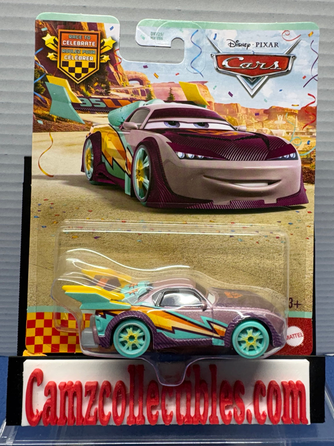 Disney Pixar Cars Race to Celebrate Boost with purple body, turquoise wheels and yellow lightning graphics in carded packaging