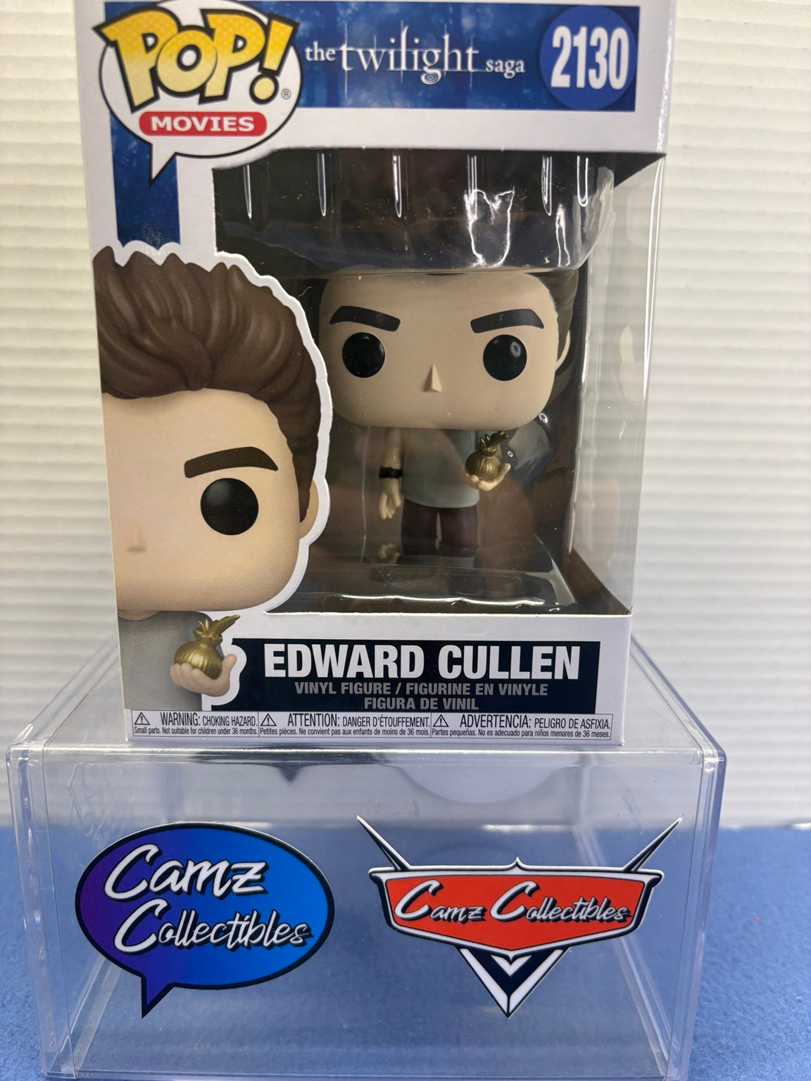 Funko Pop Movies The Twilight Saga Edward Cullen number 2130 vinyl figure holding a gold-colored object in its blue and white window box