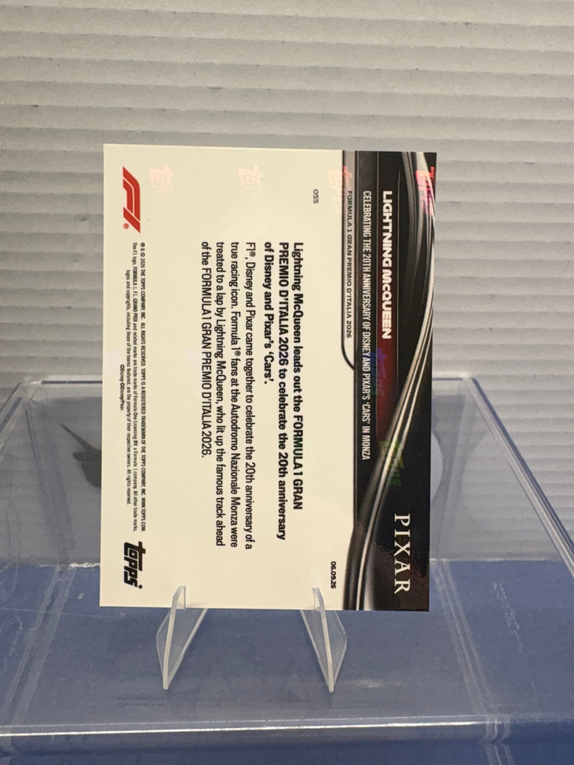 Back of Topps NOW Lightning McQueen Formula 1 Monza 2026 card number 055